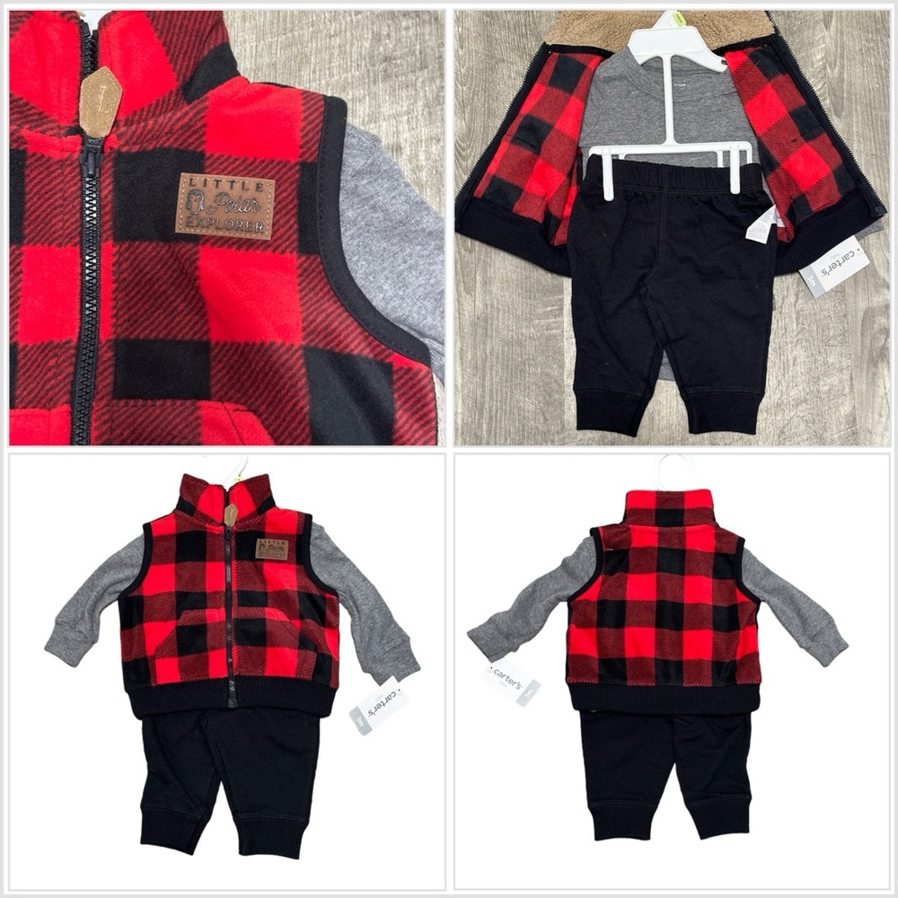 Carters 3 Mo Months 3 Piece Baby Long Sleeve Onesie Bodysuit Buffalo Plaid NWT